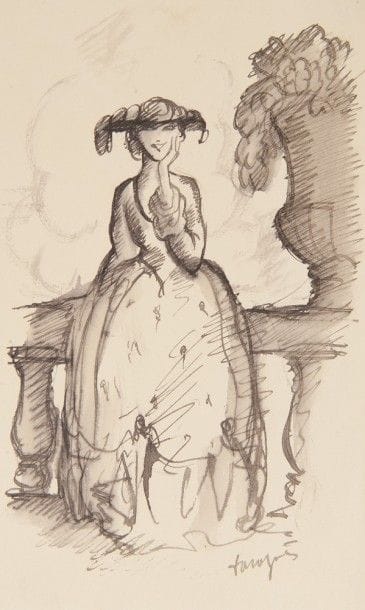 RÉGNIER (Henri de) - DARAGNÈS.
Monsieur d’Amercœur.
Paris : Georges Crès & Cie, 1918. — Grand in-8, 280 x 229. Broché, à toutes marges, étui.

Édition réunissant 8 contes, ornée de 34 bois dans le texte dessinés et gravés par Daragnès.
Un des 12 premiers exemplaires numérotés sur vieux japon, celui-ci enrichi d’une suite des bois sur papier vélin et d’un dessin original de l’artiste.
Quelques déchirures à la couverture.