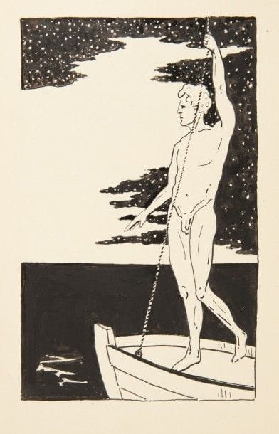 RÉGNIER (Henri de) - POWILEWICZ (A. J.).
Aréthuse et L’Homme et la sirène.
S.l., 1940-1941. — In-4, 284 x 215 : (4 ff.), XXXV pp., (1 f. blanc), 5 planches, couverture illustrée. – Parchemin crème à la bradel, orné sur le premier plat d’un décor composé de coquillages peints à la gouache aux quatre coins des plats et d’un poisson au centre, le second plat est orné d’un coquillage central, dos lisse orné du titre en long, tête dorée, filet doré intérieur, gardes de papier bordeaux peintes à la main de motifs végétaux, couverture et dos conservés (reliure de l’époque).

Maquette originale unique, entièrement réalisée à la main. Il s’agit d’un prototype complet pour la création d’une édition illustrée d’Arethuse & de L’Homme et la Sirène et de sa reliure. Dans une note manuscrite à la mine de plomb, daté du 10 février 1941, Powilewicz dévoile les secrets de sa « création » :
« Durant ces jours de tristesse, j’ai cherché un refuge en illustrant ces pages de Henri de Régnier – Poésies, d’un passé déjà révolu, choisis comme telles, pour permettre un plus lointain voyage… »
La maquette, dont il n’existe que cet unique exemplaire, est composée d’un prototype de la couverture illustrée en couleurs et du dos réalisé sur papier fort, de l’ouvrage de Régnier, recopié à la plume et illustré de nombreux ornements en noir et rouge dans le texte ainsi que de 5 hors-texte à l’encre de chine sur papier du Japon, et d’une maquette de la reliure avec dessin du décor des plats et échantillon des papiers de garde réalisés à la main.
A. J. Powilewicz est notamment l’auteur d’illustrations pour des ouvrages de Charles Foix (Prométhée, Les Bassarides).