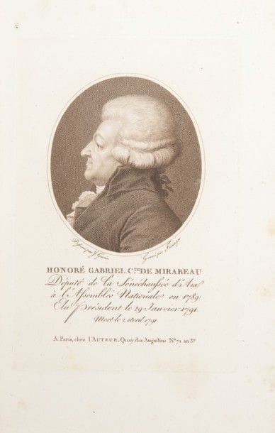 [GUÉRIN (Jean Urbain)].
[Recueil de portraits de quelques députés célèbres à l’Assemblée Nationale en 1789].
[Paris : chez l’auteur, après 1791]. — Album in-4, 224 x 156. Cartonnage de papier rouge à la bradel, roulette dorée en bordure des plats, dos lisse orné (reliure du début du XIXe siècle).

Ce recueil réunit 21 portraits de profil en médaillon, gravés à l’aquatinte à l’encre brune par Franz Gabriel Fiesinger d’après les dessins de Jean Urbain Guérin, des principaux députés de l’Assemblée Nationale en 1789.
Les personnalités représentées sont Alexandre de Beauharnais, Montesquiou Fezensac, Mirabeau, Rœderer, Barnave, La Fayette, Rabaut de Saint Étienne, Clermont-Tonnerre, Petion, Jessé, Malouet, Larochefoucault Liancourt, Rewbel, Barère de Vieuzac, Sieyes, Thouret, duc de La Rochefoucauld, Lameth, Freteau, Robespierre et Lameth.
Ce recueil a été publié sans page de titre. Les exemplaires dont nous avons retrouvé la description font état de 21 ou 22 gravures. Dans le nôtre, qui en possède 21, ne se trouve pas le portrait d’Isaac René Guy Le Chapelier.
Bel exemplaire en reliure légèrement postérieure, provenant de la collection du critique et collectionneur d’art Philippe Burty (1830-1890).
Dos légèrement éclairci et quelques frottements d’usage. Quelques rousseurs éparses.
Provenances : Philippe Burty, avec son ex-libris. - Serge Bernard, avec ex-libris.