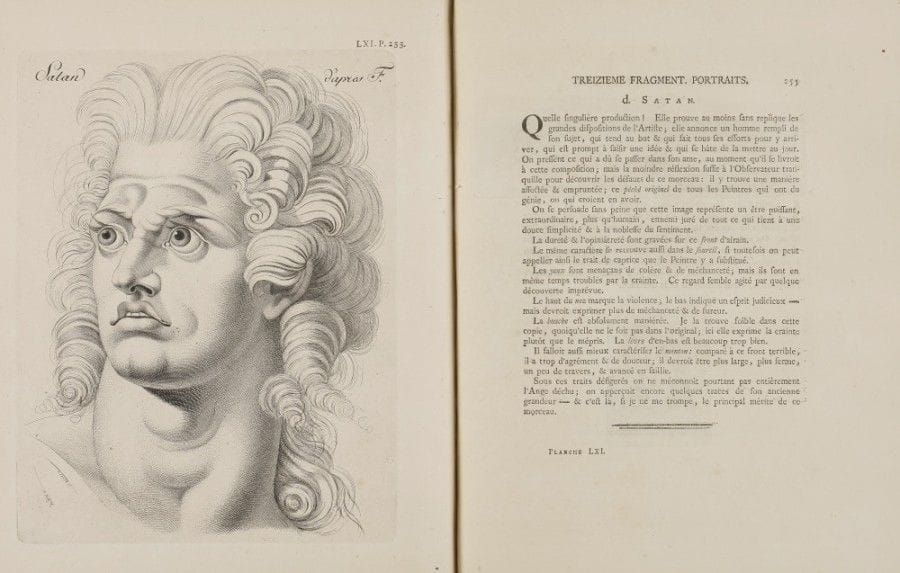 LAVATER (Johann Caspar).
Essai sur la physiognomonie, destiné A faire Connoître l’Homme & à le faire Aimer.
La Haye : s.l., (1781)-1786 (tomes 1 à 3) - La Haye : I. van Cleef, 1803 (tome 4). — 4 volumes in-4, 342 x 277 : (1 f.), X, 294 pp., (1 f.), 14 planches ; VIII, 404 pp., (1 f.), 78 planches ; VIII, 360 pp., (2 ff.), 53 planches ; VIII, 328 pp., 48 planches. Demi-vélin rigide, dos lisse, tranches mouchetées (reliure de la fin du XIXe siècle).

Cohen, 606.

Première édition française de ce remarquable ouvrage composé par le théologien et poète zurichois Johann Caspar Lavater (1740-1801), sans conteste l’une des plus belles réalisations éditoriales de la fin du XVIIIe siècle qui connut un très grand succès dans toute l’Europe.
Dans cet essai, publié pour la première fois en allemand à Leipzig entre 1775 et 1778, Lavater se propose d’étudier et de déchiffrer l’âme humaine, c’est-à-dire la personnalité, les sentiments et les émotions, dans les principaux traits du visage. Il prend pour cela l’exemple de personnages célèbres tels que César, Voltaire, Catherine II, etc. mais étudie également les animaux, le crâne de l’homme, la silhouette, les portraits, la physiologie (tempéraments, état de santé, jeunesse, vieillesse…), la stature, les attitudes, les gestes, les différentes parties du corps depuis la tête jusqu’aux pieds, les facultés de l’esprit humain, les vertus et les vices, les femmes, les ressemblances de familles, etc.
La traduction fut donnée par Marie-Élisabeth de La Fite (1750?-1794), Antoine-Bernard Caillard (1737-1807) et Henri Renfer. Les 3 premiers volumes parurent du vivant de l’auteur, respectivement en 1781, 1783 et 1786, alors que le dernier fut publié de façon posthume en 1803.
« Livre curieux » selon Cohen, il comprend une abondante et admirable illustration composée de 4 vignettes de titre, d’environ 500 vignettes dans le texte et de 193 planches d’après Daniel Nikolaus Chodowiecki (1726-1801), Johann Rudolf Schellenberg (1740-1806), Rubens, Jac