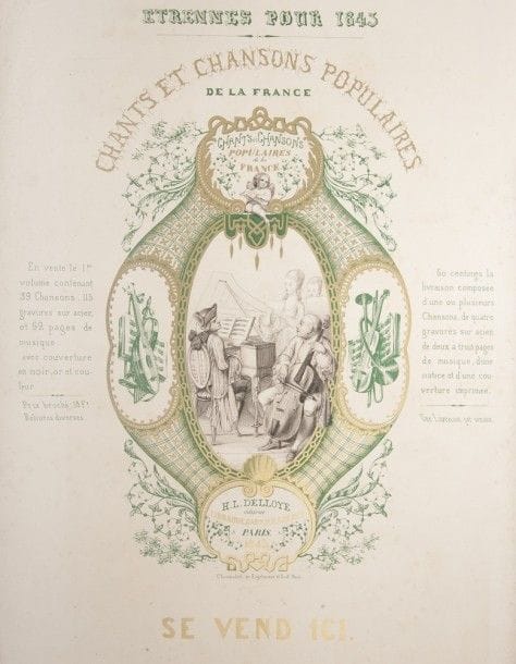 CHANTS ET CHANSONS POPULAIRES DE LA FRANCE.
Paris : H.-L. Delloye, librairie de Garnier frères, 1843-1844. — 3 volumes grands in-8, 270 x 173. Demi-maroquin rouge à long grain à coins, filets dorés, dos lisse orné de motifs dorés et mosaïqués, tête dorée, non rogné, couverture conservée (Semet et Plumelle).

Une des plus brillantes publications illustrées romantiques.
L’ouvrage parut en 84 livraisons, chacune, à l’exception des livraisons 43-44 comptant pour une, comprenant un feuillet de texte avec la notice de la ou des chansons contenues dans la livraison, suivi de 3 feuillets, 2 pour le texte accompagné d’illustrations et un pour la musique. Chaque volume contient en tête un frontispice gravé sur cuivre, la liste des chansons et une introduction.
Les illustrations, d’une grande finesse, sont dues à Daubigny, Meissonier, Trimolet, Steinheil, Staal, Emy, Boilly, de Beaumont, etc.
Exemplaire essentiellement de second tirage, dans un état de fraîcheur remarquable. Les tirages sont d’une grande qualité. Il est complet des couvertures générales des séries, sans les dos, dont celle, très rare, de la troisième série, et comprend à la fin de chaque volume un couverture de livraison.
EXEMPLAIRE UNIQUE, enrichi des pièces suivantes :
- DESSIN ORIGINAL DE TRIMOLET, au crayon, encre et rehauts de blanc, pour la chanson Le Matelot de Bordeaux, quatrième chanson de la deuxième série. Le dessin a été relié en tête du premier volume,
- AFFICHE PUBLICITAIRE illustrée annonçant la parution du livre, 369 x 286 mm. Elle reproduit l’illustration chromolithographiée de la couverture générale de la première série,
- volume demi-toile rose à coins à la bradel moderne, contenant la quasi-totalité des couvertures de livraison. Sur les 84 ne manquent que les livraisons, 1, 3, 4, 5, 6, 7, 10, 11, 29 (seulement le premier feuillet) et 60,
- livraisons 3 (Le Juif-errant), 4 (Il pleut bergère), 6 (La Machine infernale), 8 (Aussitôt que la lumière. Nous n’avons qu’un temps à vivre) et 11 (Fanfan la tulipe),<