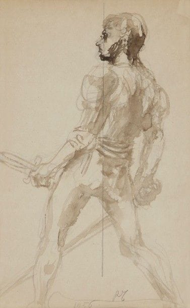 7845/136 René THOMSEN (Paris 1897 - 1976) 
Figure d'homme 
Lavis brun sur papier beige. 
Monogrammé et daté en bas au centre " RT / 1956 ". 27 x 18 cm
