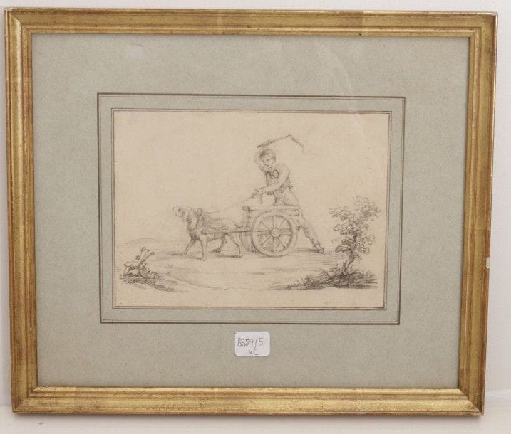 8559/5 Ecole française du XIXeme
Le chariot (pauvra chien!)
Crayon noir
12 x 16,5 cm