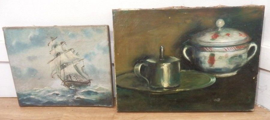 8609/27 Deux huiles sur toile
Trois mats (20x24,5 cm)
Nature morte à la soupière et à la tasse (23,5x32,5 cm)