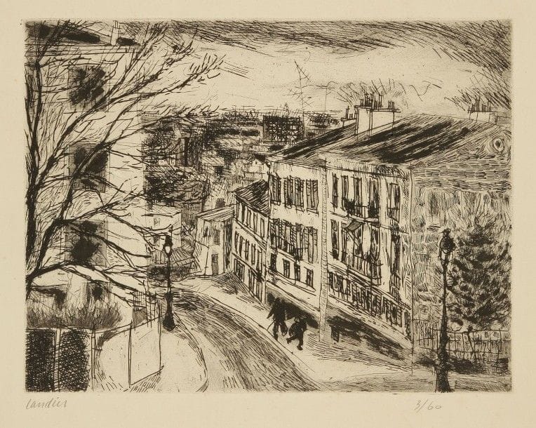 922/84 Henri LANDIER (né en 1935)
La Rue du Chevalier de la Barre, 1967
Eau-forte
Signée et numérotée sur 60.

32 x 40 cm
