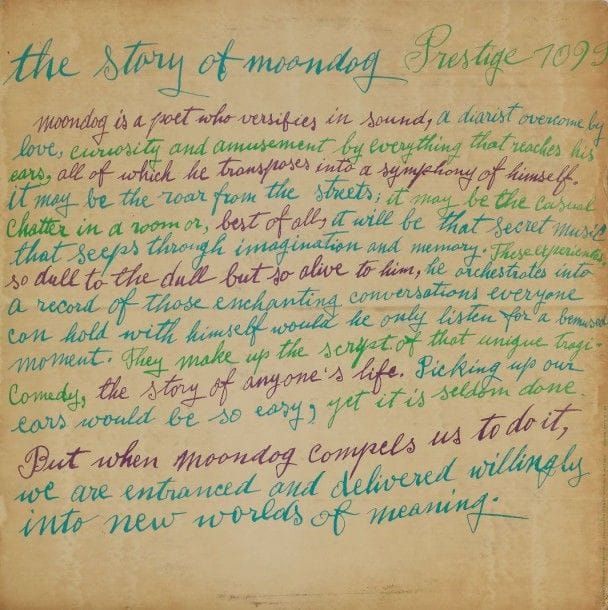 ANDY WARHOL

33 T MOONDOG «The Story Of Moondog»
Label Prestige LP-7099 Éditions USA, 1957
VG/VG+