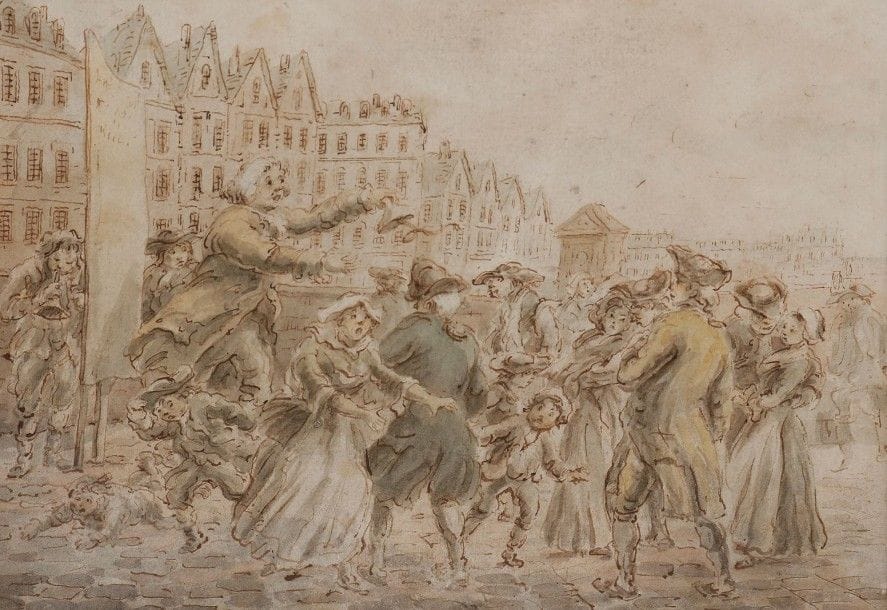 École FRANÇAISE du XVIIIe siècle,
Le Charmeur de serpents sur la place du village
Plume et encre brune, lavis brun et gris.
18,5 x 24,5 cm