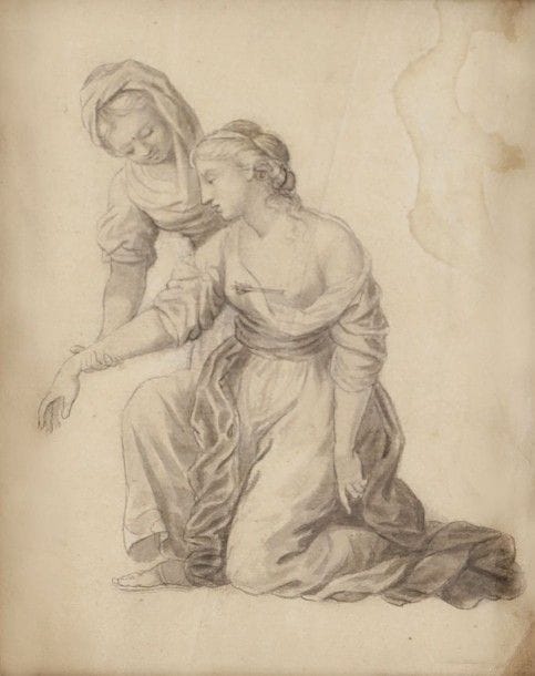 École FRANÇAISE de la fin du XVIIIe siècle

Deux femmes se soutenant
Plume et encre noire, lavis gris.
10 x 8 cm