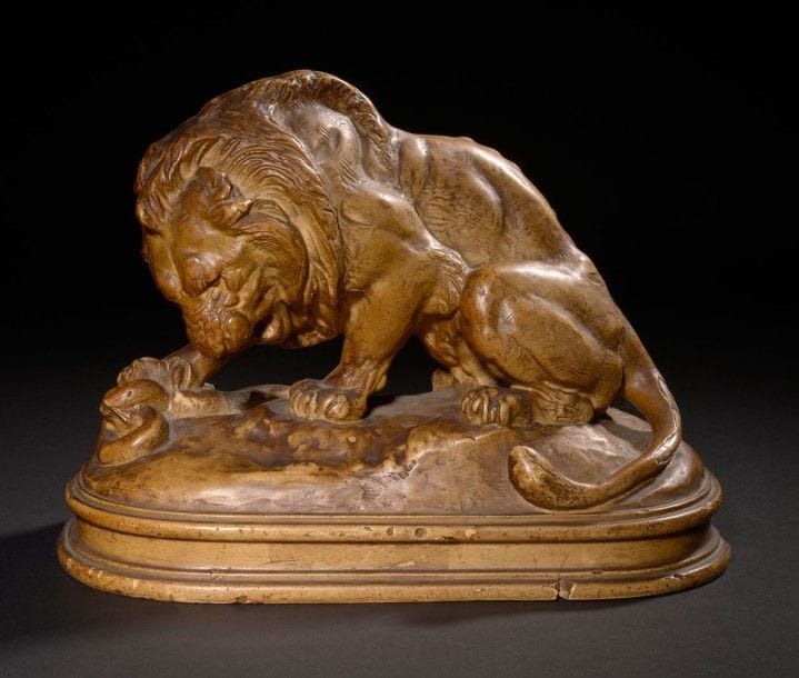 Antoine-Louis BARYE (1795-1875)

Lion au serpent n°2
Plâtre d'édition patiné.
Signé sur la terrasse.
H.: 26 cm, L.: 35,5 cm, P.: 17,5 cm
Manques