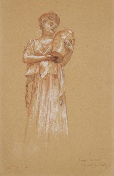 Henri GERVEX (1852-1929)

Femme à la cruche
Sanguine et rehauts de blanc sur papier beige.
Signée en bas à gauche H. Gervex.
Titrée en bas à droite groupe des Arts / Plafond de Dufayel.
39 x 26 cm

Notre dessin est une étude préparatoire pour le décor du plafond de la cage d'escalier de l'hôtel particulier Dufayel peint par Gervex en 1908 et disparu aujourd'hui