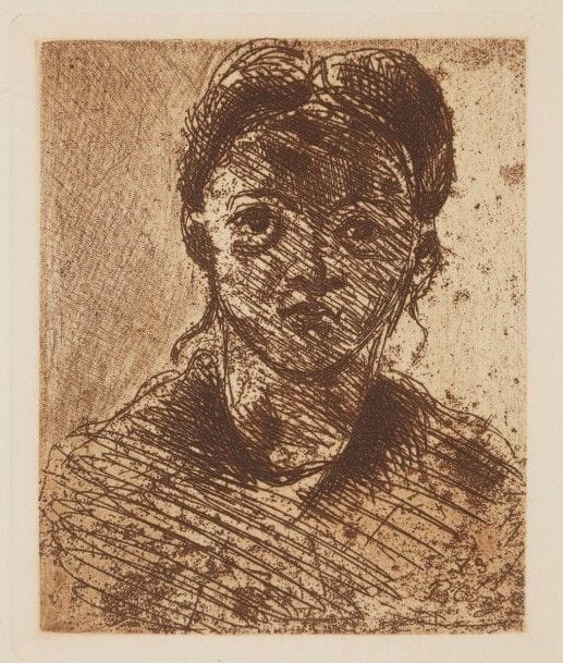 Paul Cézanne (1839-1906)
Tête de jeune fille. 1873. Eau-forte et roulette. 105 x 128. Cherpin 6. Impression en brun. Très belle et fraîche épreuve tirée avec teinte de fond, sur vélin crème fort texturé, les biseaux très apparents, du tirage de 1914 pour Paul Cézanne de Ambroise Vollard. Toutes marges.