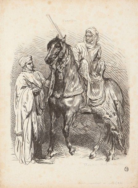 Théodore Chassériau (1819-1856)
Arabe montant en selle. 1849. Vernis mou et roulette. 225 x 275. Fisher 27. Très belle épreuve sur vélin, du 3e état (sur 4), avant modification du titre de la publication. Innombrables rousseurs claires et salissures au verso. Petites marges normales. Ex-coll. A. Beurdeley (Lugt 421) et H.-M. Petiet. 