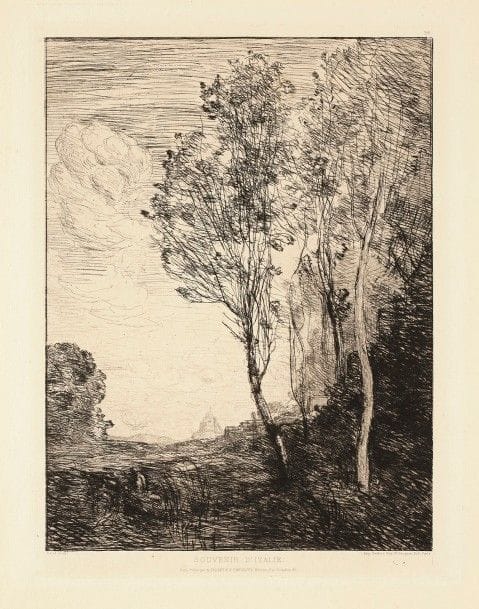 Jean-Baptiste-Camille Corot (1796-1875)
Souvenir d’Italie. 1863. Eau-forte. 230 x 310. Delteil 5. Très belle épreuve sur vergé, légèrement oxydée. Toutes marges. Timbre sec : Cadart et Chevalier (Lugt 3270).