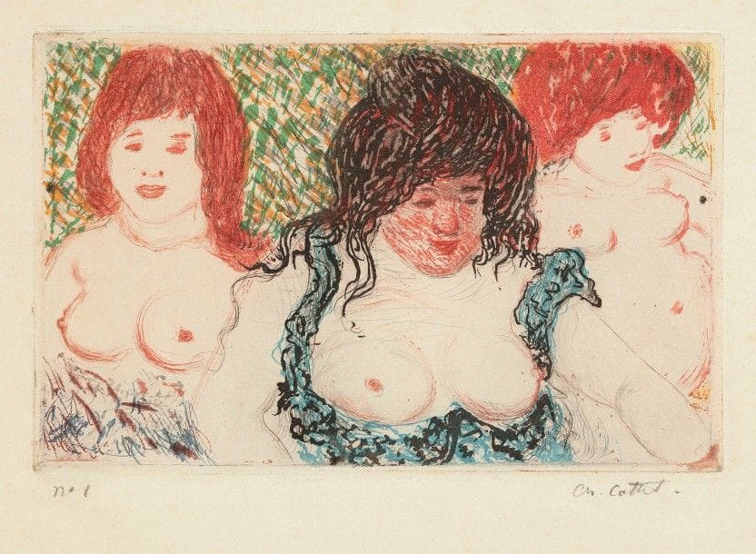 Charles Cottet (1863-1925)
Trois grosses femmes nues. Eau-forte, aquatinte et pointe sèche. 
180 x 115. Morane 35. Impression en couleurs. Très belle et rare épreuve sur vélin crème, numérotée et signée au crayon. Quelques rousseurs claires. Menus accidents dont une courte déchirure aux bords du feuillet. Toutes marges. Tirage à 35 épreuves. 