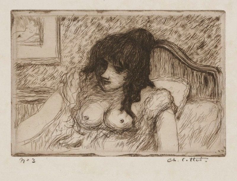 Charles Cottet (1863-1925)
Femme au lit. Pointe sèche. 168 x 115. Morane 31. Très belle épreuve sur vergé blanc, numérotée et signée à la pierre noire. Rousseurs claires. Plis cassés au bord gauche. Toutes marges. Tirage à 35 épreuves. Joint : Trois petites Anglaises. Eau-forte, aquatinte et pointe sèche. 68 x 115. Morane 44. Belle épreuve tirée en brun sur vergé, numérotée et signée au crayon. Trace d’oxydation marginale. Toutes marges. Tirage à 35 épreuves. Ens. 2 p.