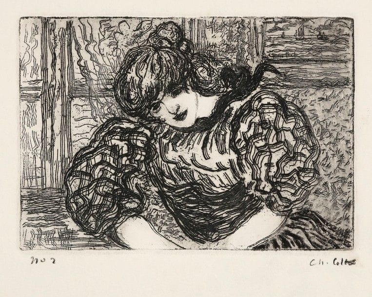 Charles Cottet (1863-1925)
Femme penchée, fenêtre au fond. Eau-forte. 168 x 115. Morane 38. Très belle épreuve sur vélin blanc, numérotée et signée au crayon. Quelques rousseurs claires. Toutes marges. Tirage à 35 épreuves.
