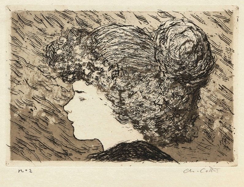Charles Cottet (1863-1925)
Femme penchée, fenêtre au fond. Eau-forte. 168 x 115. Morane 38. Très belle épreuve sur vélin blanc, numérotée et signée au crayon. Petit manque dans l’angle inférieur droit. Toutes marges. Tirage à 35 épreuves. Joint : Jeune fille au gros chignon. Eau-forte et aquatinte. 168 x 113. Morane 37. Belle épreuve sur japon, numérotée et signée au crayon. Restes de papier gommé aux bords du feuillet au verso. Marges réduites. Ens. 2 p.