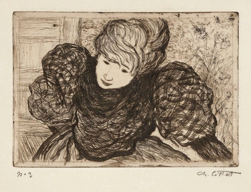 Charles Cottet (1863-1925)
Femme penchée, aux larges manches. Eau-forte et pointe sèche. 
168 x 115. Morane 39. Très belle épreuve sur vergé, numérotée et signée au crayon. Infimes rousseurs. Toutes marges. Tirage à 35 épreuves. 