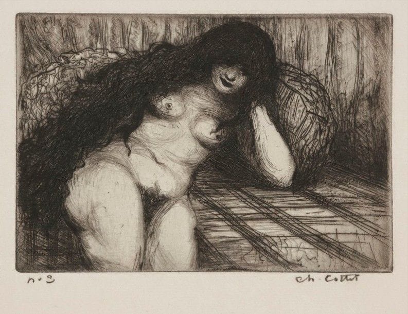 Charles Cottet (1863-1925)
Femme nue aux longs cheveux noirs. Eau-forte et pointe sèche. 
170 x 115. Morane 42. Très belle épreuve sur vergé, numérotée et signée à la pierre noire. Toutes marges. Tirage à 35 épreuves. 