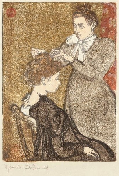 Maurice Delcourt (1877-1917)
La Coiffure. 1899. Bois gravé. 99 x 138. I.F.F. 4. Impression en couleurs. Très belle épreuve sur simili-japon fort, signée au crayon puis annotée « tirée à 100 n° 11 » dans l’angle inférieur droit. Toutes marges.