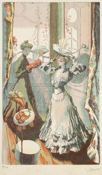 Maurice Delcourt (1877-1917)
Modiste. Vers 1900. Bois gravé. 210 x 350. I.F.F. 6. Impression en couleurs. Très belle épreuve sur japon, numérotée et signée au crayon. Petits trous d’épingles en tête et en pied. Infimes rousseurs. Toutes marges. Tirage à 50 épreuves pour L’Estampe Nouvelle. 
Joint : Ricardo Canals y Llambi (1876-1931). Danse espagnole. 1903. Eau-forte et aquatinte. 325 x 250. Bailly-Herzberg p. 355. Impression en brun. Très belle épreuve sur japon, numérotée au crayon mais non signée comme à l’ordinaire. Toutes marges. Tirage à 46 épreuves. Publication de L’Estampe Nouvelle. Ens. 2 p.