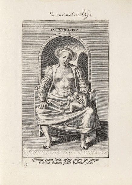Philippe Galle (1537-1612)
Iconologie. Un album petit in-4 contenant 39 pl. d’une suite de 43, dont le frontispice dédicacé à Marie de Melun. Burin. Hollstein 316-360 (manquent les pl. 3, 40 à 43). Titre à la plume et à l’encre en tête de chaque feuillet. 