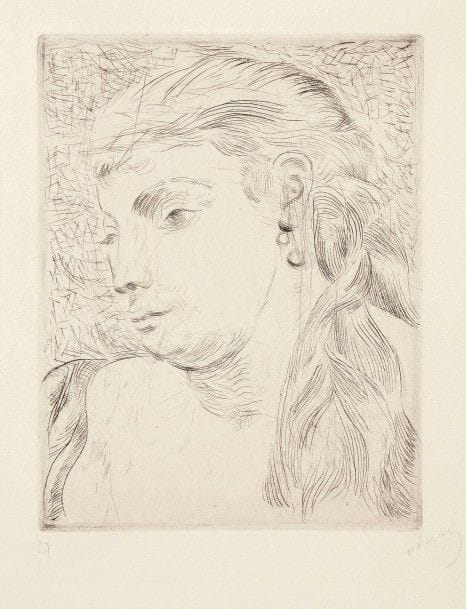André DERAIN (1880-1954)
Tête de femme avec une tresse. Pointe sèche. 125 x 165. Très belle épreuve sur vélin crème fort, numérotée et signée au crayon. Toutes marges.