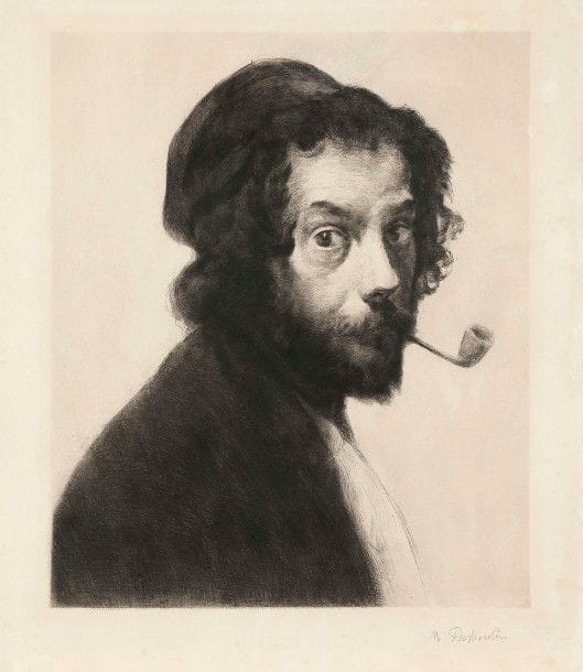 Marcellin Desboutin (1823-1902)
L’Homme à la pipe (autoportrait). 1879. Pointe sèche et roulette. 380 x 455. Clément-Janin 63. Belle épreuve sur vélin fort, soigneusement lavée, signée au crayon. Traces d’oxydation et infimes rousseurs. Bonnes marges.
« C’est la pièce maîtresse et la plus réputée. Elle est d’ailleurs superbe de vigueur et de décision. » (Clément-Janin).
« L’allure est magnifique de puissance. Cette tête qui vous regarde, en fumant sa pipe, respire et s’anime et elle est exécutée avec une carrure !... » (J. K. Huÿsmans, L’Art moderne, Salon de 1879). 
Cette gravure fut récompensée d’une médaille de 3e classe au Salon de 1879 et d’une médaille d’Honneur à la Centennale de l’Exposition universelle de 1900.