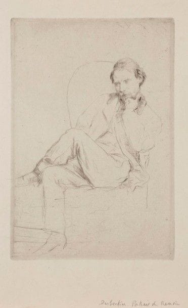 Marcellin Desboutin (1823-1902)
Renoir les jambes croisées. 1877. Pointe sèche. 155 x 235. Clément-Janin 208. Très belle épreuve sur japon. Toutes marges non ébarbées. Ex-coll. H.-M. Petiet. 