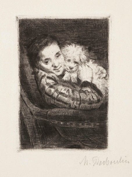 Marcellin Desboutin (1823-1902)
Femme au chien. Vers 1878. Eau-forte et pointe sèche. 80 x 120. Clément-Janin 101. Très belle épreuve sur vélin, signée au crayon. Rousseurs claires et légère oxydation aux bords du feuillet. Très grandes marges. 