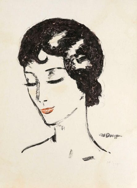 Kees van Dongen (1877-1968) (d’après)
Jeune fille aux yeux baissés. Vers 1930. Lithographie. 365 x 485. Juffermans L 16. Impression en couleurs. Très belle épreuve sur vélin, finement doublée sur japon mince, numérotée au crayon. Courte déchirure habilement restaurée au bord gauche. Large auréole claire d’humidité encore perceptible dans l’angle inférieur droit du sujet. Belles marges. Tirage à 250 épreuves.