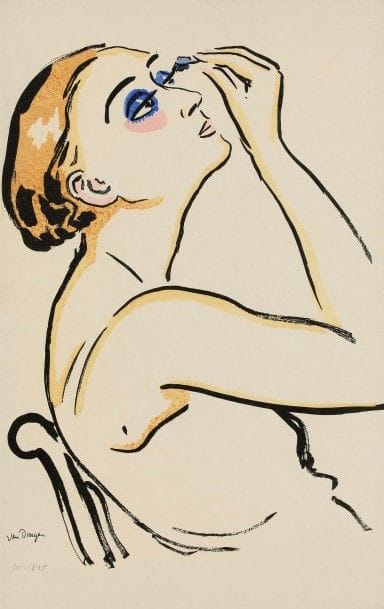 Kees van Dongen (1877-1968) (d’après)
Rimmel (femme se maquillant). 1920. Procédé photomécanique et pochoir. 195 x 250. Juffermans JM 1. Impression en couleurs. Très belle et fraîche épreuve sur vélin. Pl. parue dans Cahiers d’Art, n° 5, 1920. Cadre. 