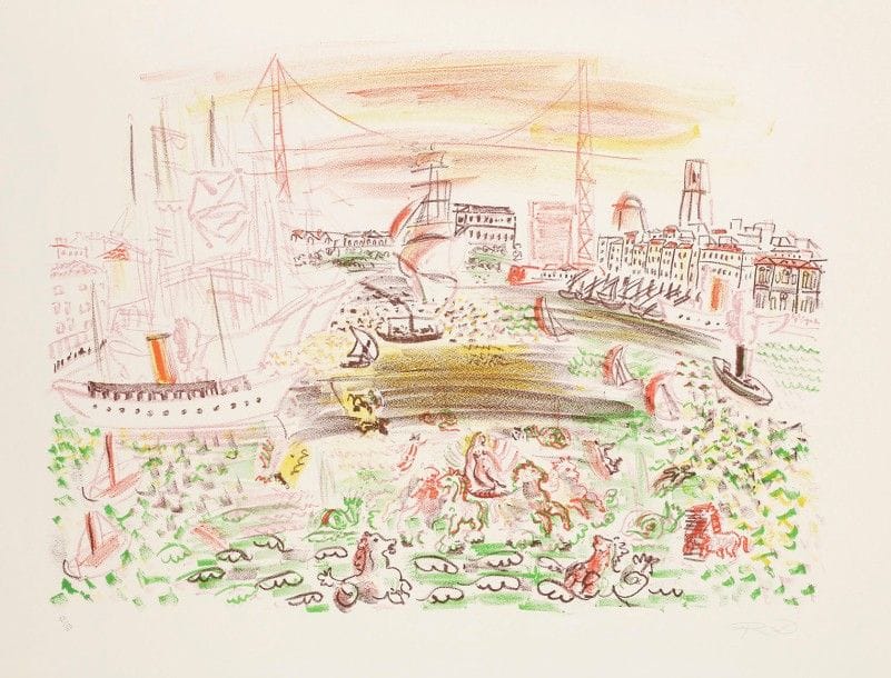 Raoul Dufy (1877-1953)
Le Cortège d’Amphitrite, ou Vieux port de Marseille. 1921. Lithographie. 430 x 325. Impression en couleurs. Très belle et fraîche épreuve sur vélin blanc, numérotée et signée des initiales au crayon. Toutes marges. Tirage à 33 épreuves. 
