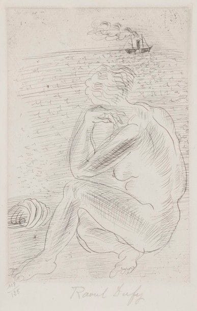 Raoul Dufy (1877-1953)
Nu au bord de la mer auprès d’un coquillage, un vapeur au loin. Vers 1925. Eau-forte. 105 x 165. Très belle épreuve sur chine volant, numérotée et signée au crayon. Marges. Cadre. 