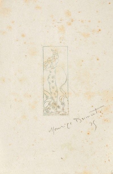 Maurice Dumont (1869-1899)
Fertilité. 1895. Glyptographie. 31 x 85. A. et A. Bonafous-Murat, Maurice Dumont et L’Épreuve, 37. Impression en vert. Très belle épreuve sur chine volant, signée et datée au crayon. Fortes rousseurs claires. Toutes marges. Joint : L’Intruse. 1895. Pointe sèche. 95 x 147. A. et A. Bonafous-Murat 61. Très belle épreuve sur vélin, numérotée au composteur au verso, du tirage à 225 épreuves pour L’Épreuve, album d’art. Toutes marges. Ens. 2 p. 