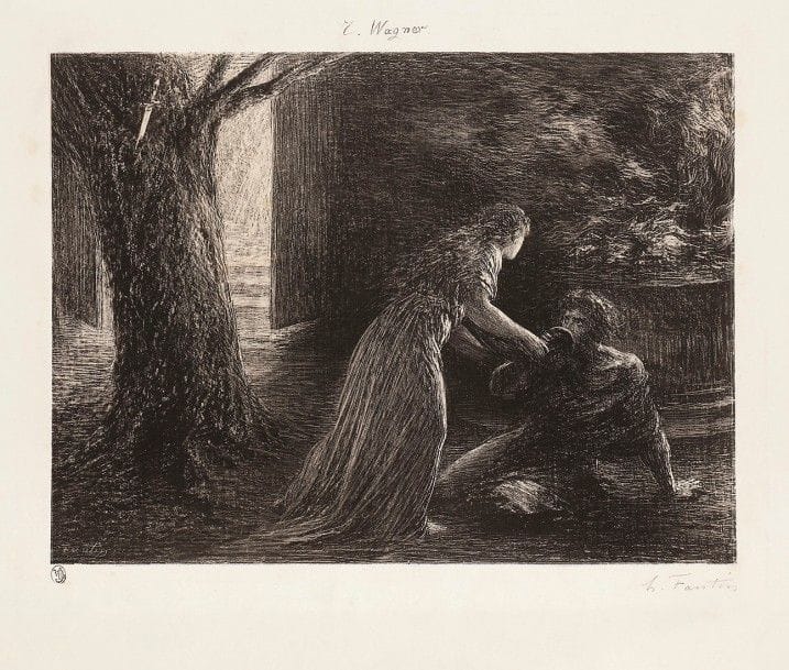 Henri Fantin-Latour (1836-1904)
Début de « La Walkyrie ». 1879. Lithographie. 310 x 230. Hédiard-Mason 23. Très belle épreuve sur chine appliqué, du 1er état (sur 2), avant le nom de l’imprimeur, signée au crayon. Nombreuses rousseurs claires éparses. Toutes marges. Rare. Tirage à 7 ou 8 épreuves. Tirage définitif à 50 épreuves. Ex-coll. A. Beurdeley (Lugt 421) et C. Zitzmann (Lugt 651a). 