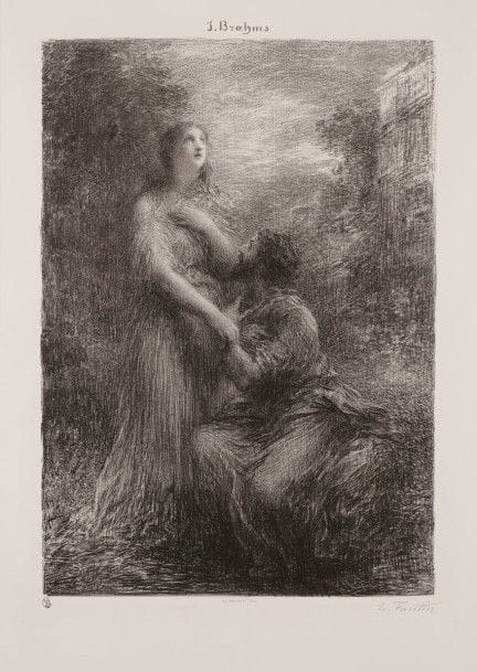 Henri Fantin-Latour (1836-1904)
Poèmes d’amour 2e pl. 1885. Autographie. 310 x 455. Hédiard-Mason 58. Parfaite épreuve sur chine appliqué, signée au crayon. Rare. Tirage à 25 épreuves. Ex-coll. A. Beurdeley (Lugt 421).