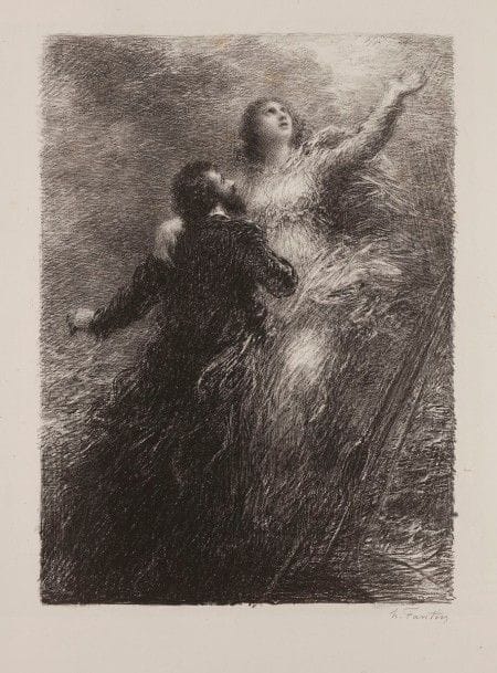 Henri Fantin-Latour (1836-1904)
Finale du «Vaisseau Fantôme », 2e pl. 1885. Autographie. 305 x 420. Hédiard-Mason 60. Parfaite épreuve sur chine volant, du 1er état (sur 2), avant le nom de l’imprimeur. Rare. Tirage à 7 ou 8 épreuves. Tirage définitif à 25 épreuves. 