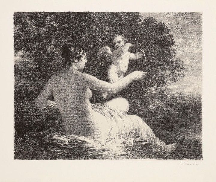 Henri Fantin-Latour (1836-1904)
Vénus et l’Amour, grande pl. 1896. Autographie. 410 x 325. Hédiard-Mason 131. Très belle épreuve sur chine appliqué, signée au crayon et numérotée dans l’angle inférieur droit. Quelques rousseurs éparses. Toutes marges. Tirage à 100 épreuves. A. Vollard éd. Ex-coll. H.-M. Petiet. 