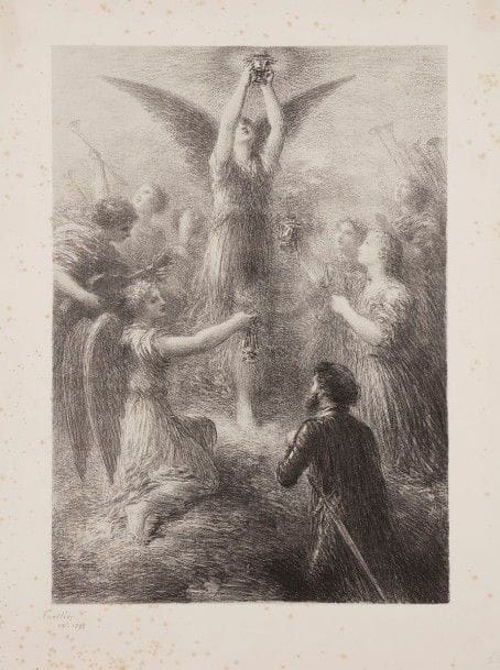 Henri Fantin-Latour (1836-1904)
Prélude de Lohengrin, 2e pl. 1898. Autographie. 348 x 490. Hédiard-Mason 146. Belle épreuve sur chine appliqué. Rousseurs éparses. Petit manque dans l’angle inférieur droit (affectant le timbre de collection). Toutes marges. Ex-coll. C. J. F. J. Maassen (Lugt 1774b). 