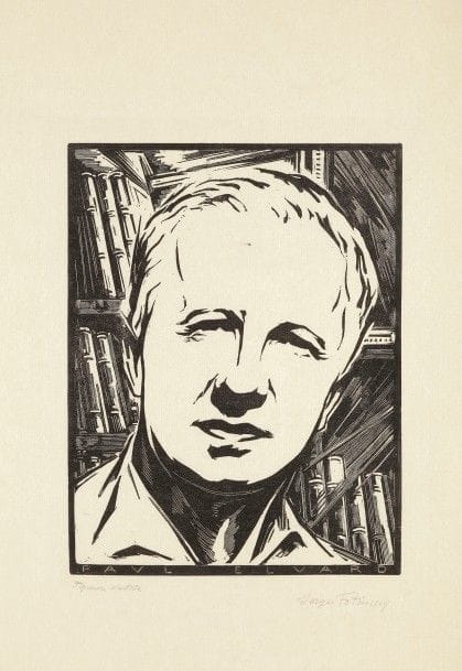 Serge Fotinsky (ukrainien, 1887-1971)
Portrait de Paul Éluard. Vers 1930. Bois gravé. 180 x 240. Très belle et fraîche épreuve sur japon vergé mince, annotée « 3eme épreuve d’artiste » et signée au crayon. Toutes marges. Tirage définitif à 90 épreuves. 