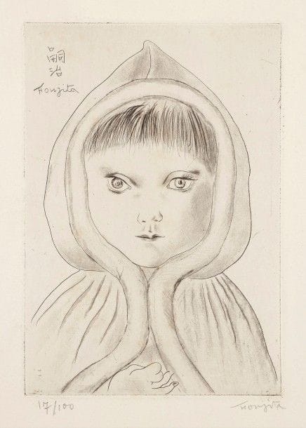 Léonard-Tsuguharu Foujita (1886-1868)
Fillette au capuchon, ou Enfant à la capeline. 1927. Eau-forte et roulette. 110 x 160. Buisson 27-63. Très belle et fraîche épreuve sur vélin blanc fort, numérotée et signée au crayon. Quelques rares rousseurs claires. Toutes marges. Tirage à 100 épreuves pour L’Art d’aujourd’hui. A. Morancé éditeur.