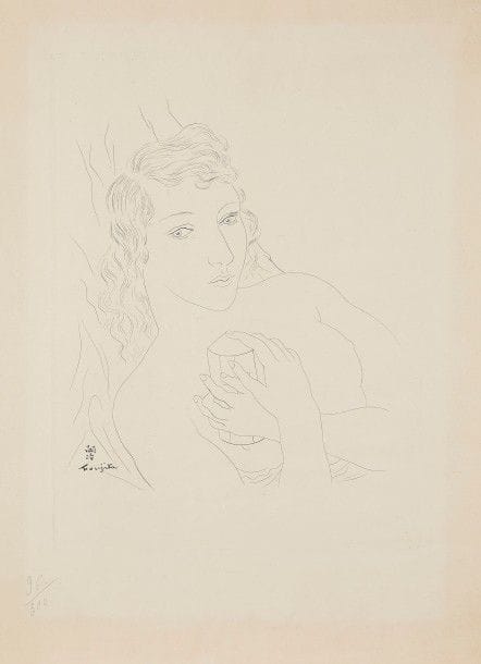 Léonard-Tsuguharu Foujita (1886-1868)
Mon seul ami (pl. pour le parfum Isabey). 1928. Eau-forte. 243 x 328. Buisson 28.74. Très belle épreuve sur vélin crème, numérotée au crayon. Légère oxydation. Quelques courts plis cassés. Toutes marges. Tirage à 300 épreuves. 