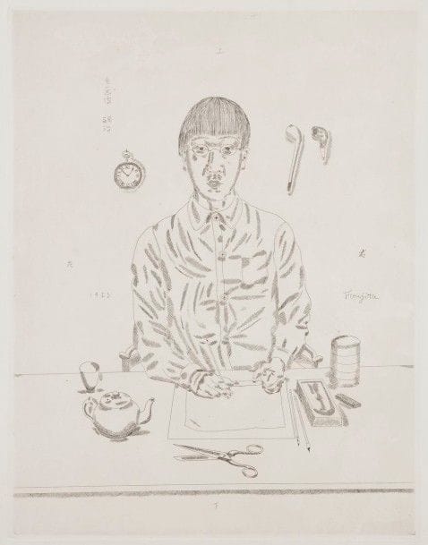 Léonard-Tsuguharu Foujita (1886-1868)
Autoportrait. 1923. Eau-forte. 317 x 415. Johnson 58 ; Buisson 23-22. Très belle épreuve sur vélin blanc fort, non signée comme à l’ordinaire. Un point de rouille en bas à gauche. Toutes marges non ébarbées. Tirage à environ 150 épreuves. A. Vollard éditeur.
