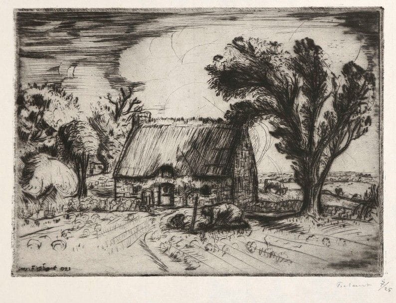 Jean FRÉLAUT (1879-1954)
Chapelle de Saint-Avé ; L’Auberge de l’étang ; Ferme de Béléan ; Ma chaumière ; Soir d’orage. 1904-1914. Eau?forte et pointe sèche. Formats divers. Delteil 34, 131, 132, 169 et 176. Très belles épreuves sur différents papiers, annotées, justifiées et signées au crayon. Rousseurs claires à certaines pl. Toutes marges. Timbre sec : Sagot éditeur Paris (Lugt 2254). Ens. 5 p. 