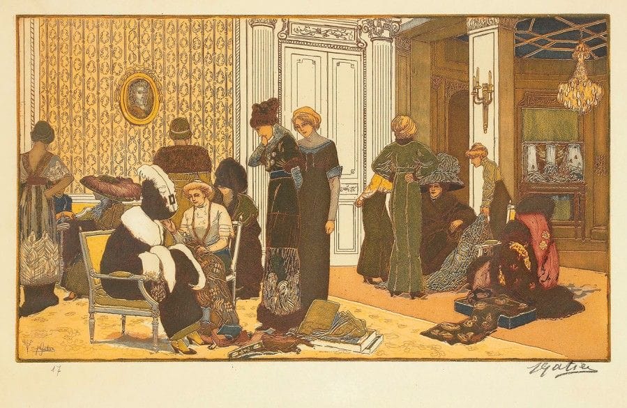 Pierre Gatier (1878-1944)
Le Salon de M. Doucet, rue de la Paix, ou Chez le couturier. 1911. Eau-forte et aquatinte. 455 x 265. Gatier 76. Impression en couleurs. Belle épreuve sur vélin, numérotée et signée au crayon. Plusieurs fortes rousseurs au bord gauche. Marges. Tirage à 125 épreuves. G. Petit éd. Timbre sec : Cercle de la Librairie (Lugt 438). Cadre.