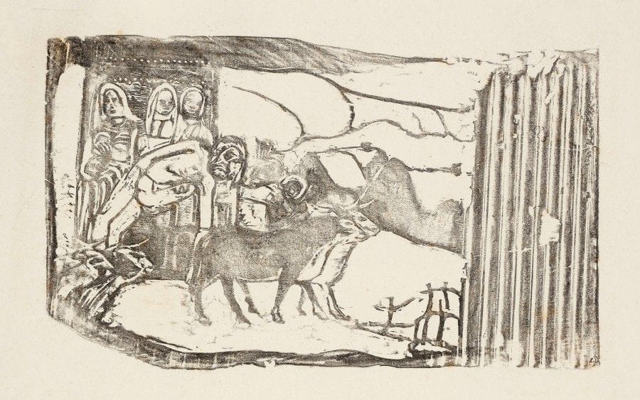 Paul Gauguin (1848-1903)
Le Calvaire breton. 1898-1899. Gravure sur bois. 263 x 160. Guérin 68 ; Mongan, Kornfeld et Joachim 50 C. Très belle épreuve sur chine volant, du tirage Druet effectué avant 1918, avec les initiales « E. D. » à la plume et à l’encre dans l’angle inférieur droit du sujet. Amincissure en tête du feuillet à gauche (visible uniquement par transparence). Courte fracture oblique en marge gauche, ne pénétrant pas dans le sujet. Quelques infimes rousseurs. Toutes marges. Cette épreuve citée par Mongan, Kornfeld et Joachim. Ex-coll. H.-M. Petiet. 