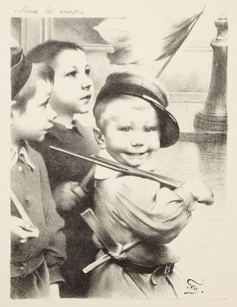 Géo (Jean-Jules-Henry Geoffroy, dit) (1853-1924)
« Nous les aurons » ; Sujets d’enfants à visée patriotique. 1914. Lithographie. Chaque 
[500 x 655]. Très belles épreuves sur vélin glacé et simili-japon, deux tirées en couleurs. Courtes déchirures aux bords des feuillets. Toutes marges. Ens. 3 p. 