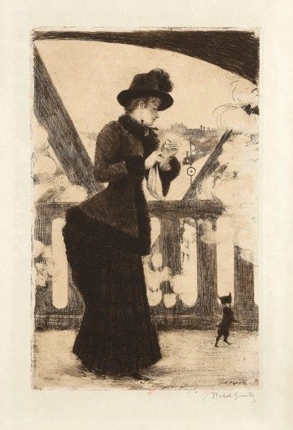 Norbert Goeneutte (1854-1894)
Femme sur le pont de l’Europe. 1887. Eau-forte et pointe sèche. 195 x 308. Duvivier 47. Très belle épreuve sur japon, anciennement lavée, timbrée (Lugt 1182) et signée au crayon. Trace d’oxydation au bord droit. Petites traces de frottement éparses. Toutes marges. 