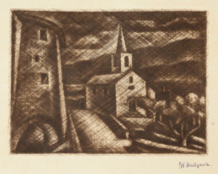 Kiyoshi Hasegawa (1891-1980)
Le Chemin de l’église (Saint-Malme). 1925. Manière noire. 190 x 133. Reifu-Syobo 168. Très belle épreuve tirée en brun sur vergé mince ivoire, revêtue du timbre de l’atelier. Infimes rousseurs. Toutes marges non ébarbées.
Un certificat des ayants-droit de l’artiste sera fourni sur demande à l’acquéreur.